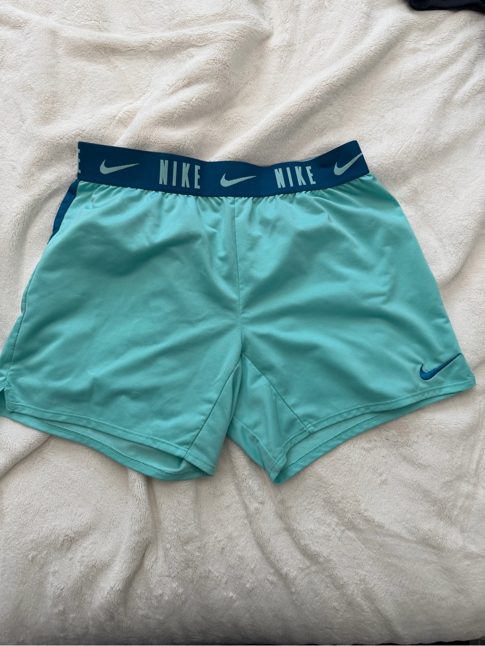 Nike Girl’s Light Teal Athletic Shorts with Navy Waistband